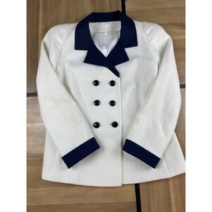 ALGO White Double Breasted Blazer Navy Trim Collar Cuffs Women
